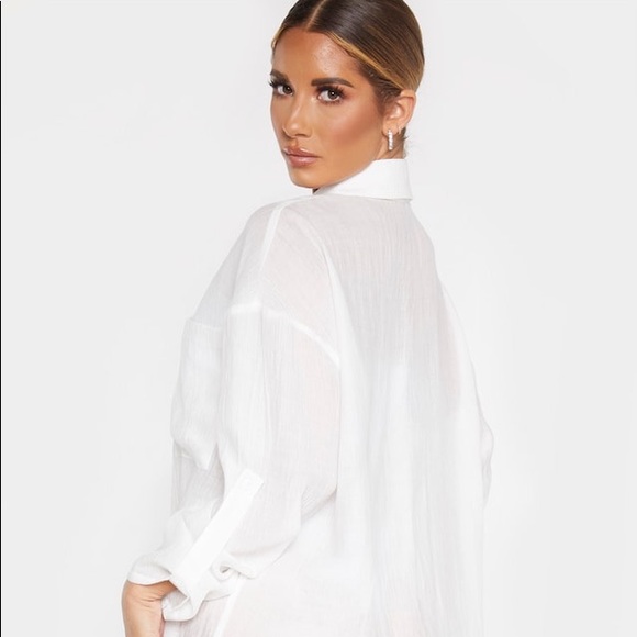 White Oversized Beach Shirt Dress Cover Up ❤️ - Picture 3 of 5